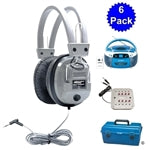 Bulk school headphones 6 pack with media player, ideal for education and classroom listening centers.